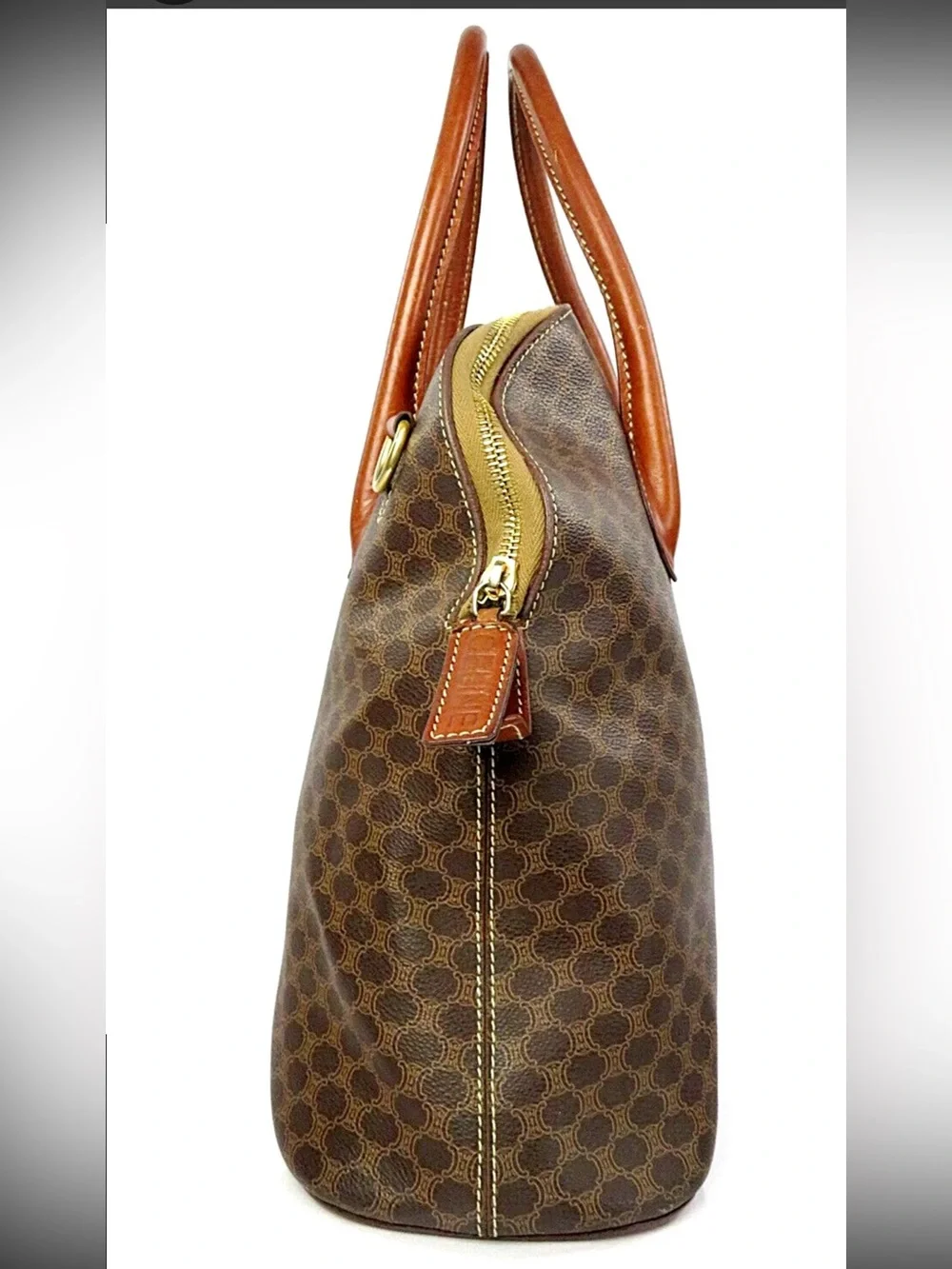 Celine Brown Patterned Dome Satchel with Tan Leather Handles